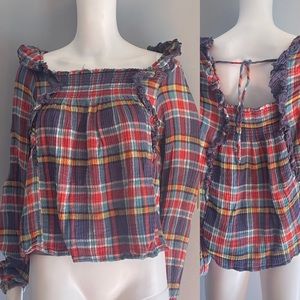 Free People Plaid Ruffle Top Size L